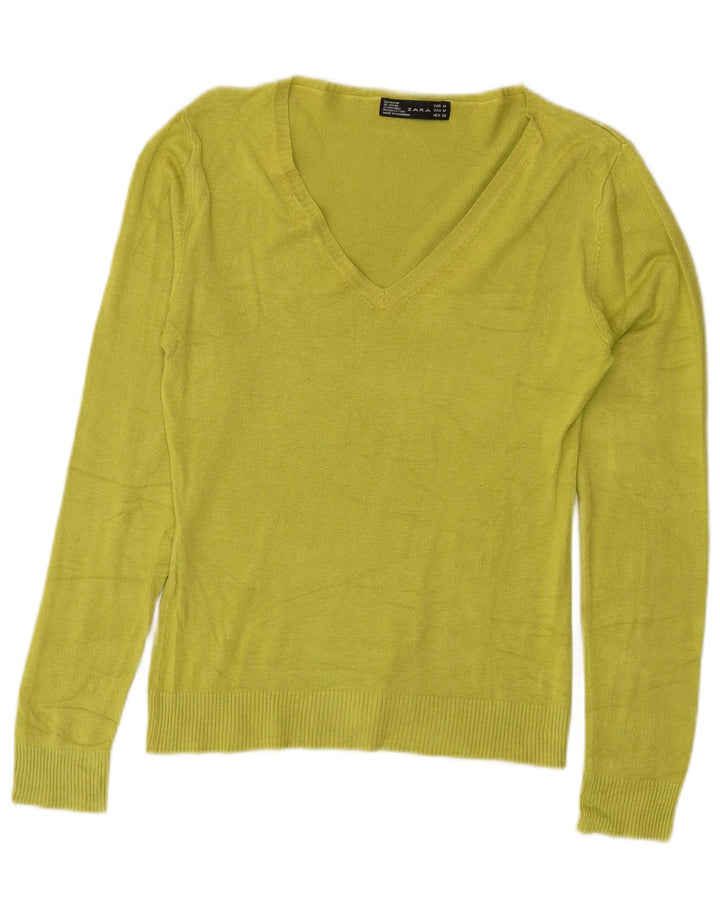 Zara Dame V-hals sweater UK 12 Medium Green Rayon