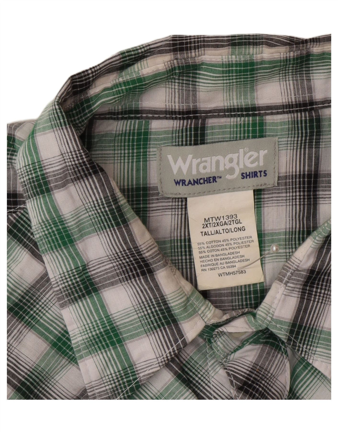 Wrangler herre høj skjorte 2XL grøn ternet bomuld