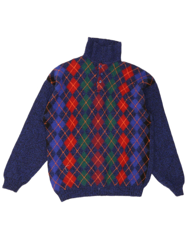 Benetton Herre Polo Neck Jumper Sweater IT 48 Small Blue Argyle/Diamond Wool