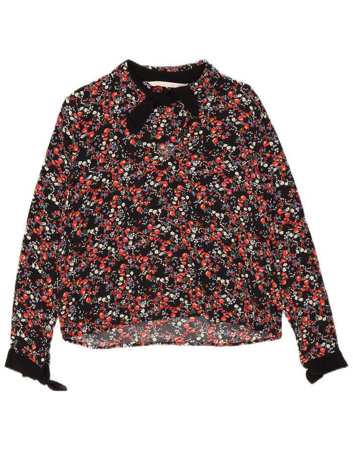 Zara Dame Langærmet Bluse Top UK 14 Medium Black Floral Viscose