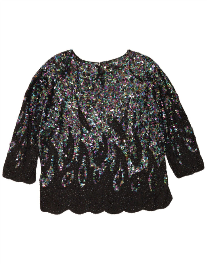 Vintage Dame Paillet 3/4 ærmet bluse Top EU 48 2XL Sort Silke