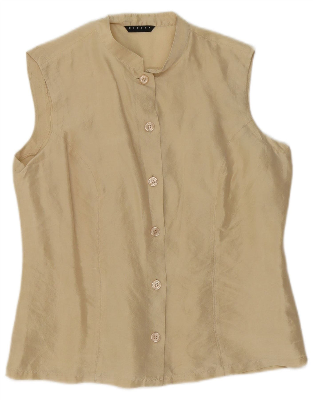 Sisley Dame ærmeløs skjorte bluse UK 14 Medium Beige Silke