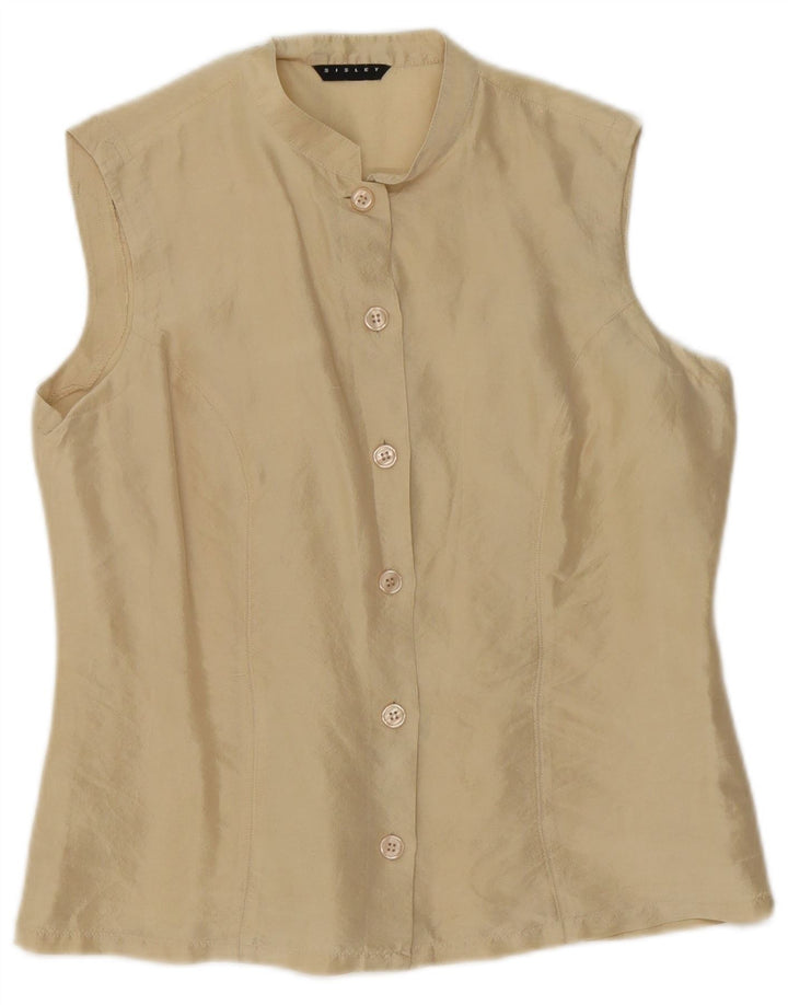 Sisley Dame ærmeløs skjorte bluse UK 14 Medium Beige Silke