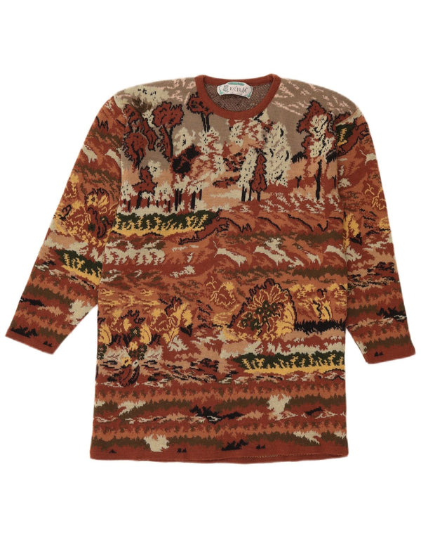 Vintage Womens Crew Neck Jumper Sweater UK 14 Large Brown Floral