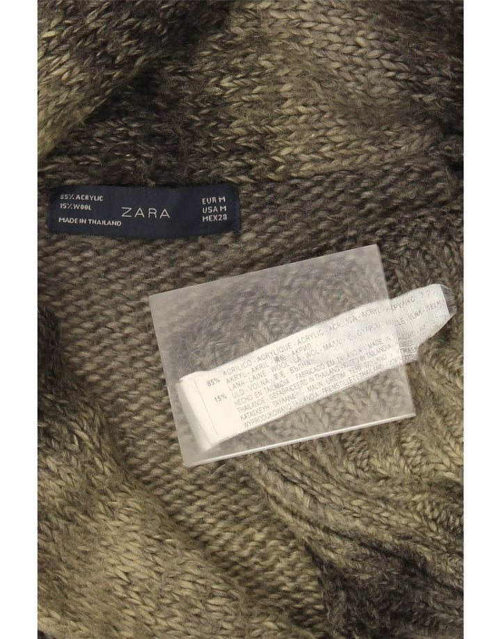 Zara Dame Longline Cardigan Sweater UK 14 Medium Grå Stribet Akryl