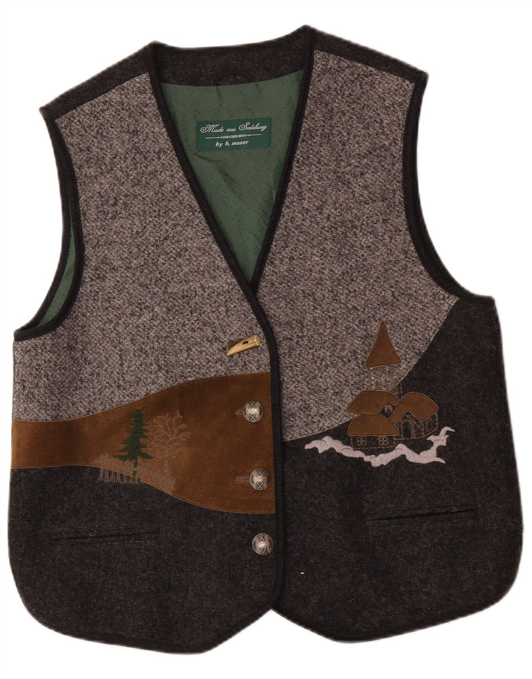 Vintage grafisk vest til kvinder IT 42 Medium Grey Colourblock Uld