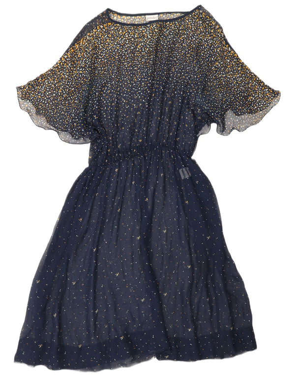 VINTAGE Dame Batwing Maxikjole UK 18 XL Navy Blue Spotted Acetate