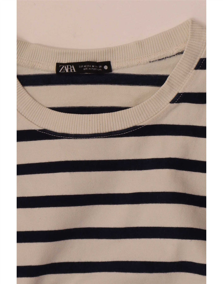 Zara Dame Top Langærmet UK 14 Medium Hvid Stribet