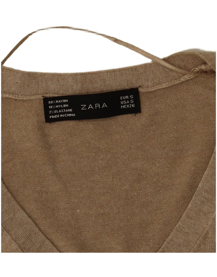 Zara Dame V-hals sweater UK 10 Small Beige Rayon