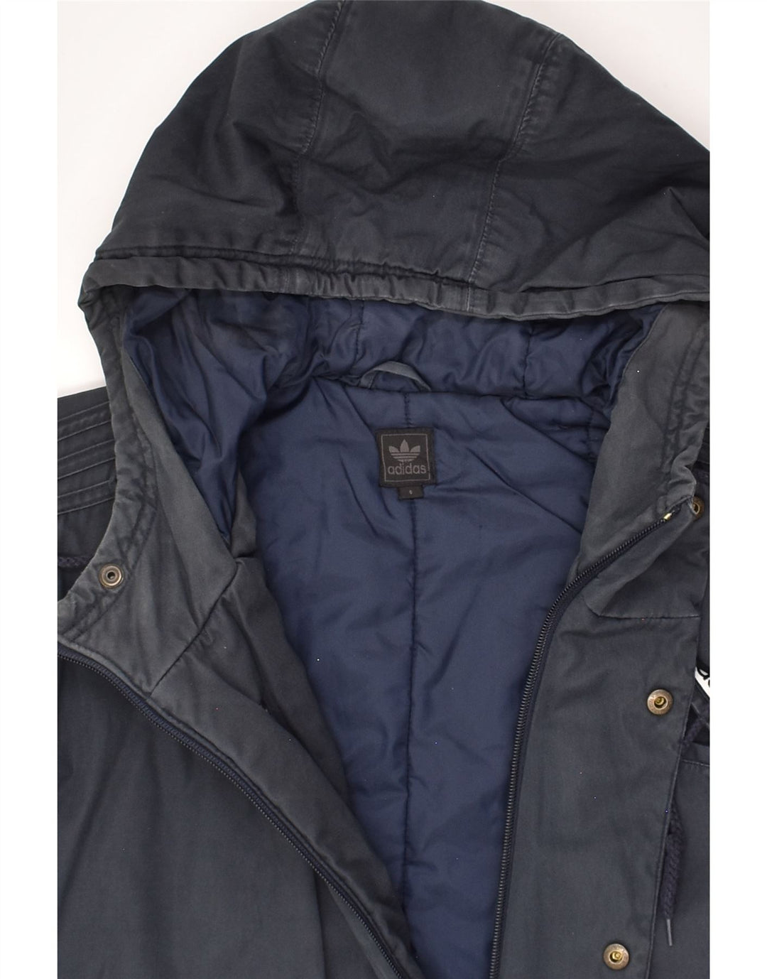 ADIDAS Mens Hooded Windbreaker Coat UK 36 Small Navy Blue Polyamide | Vintage Adidas | Thrift | Second-Hand Adidas | Used Clothing | Messina Hembry 