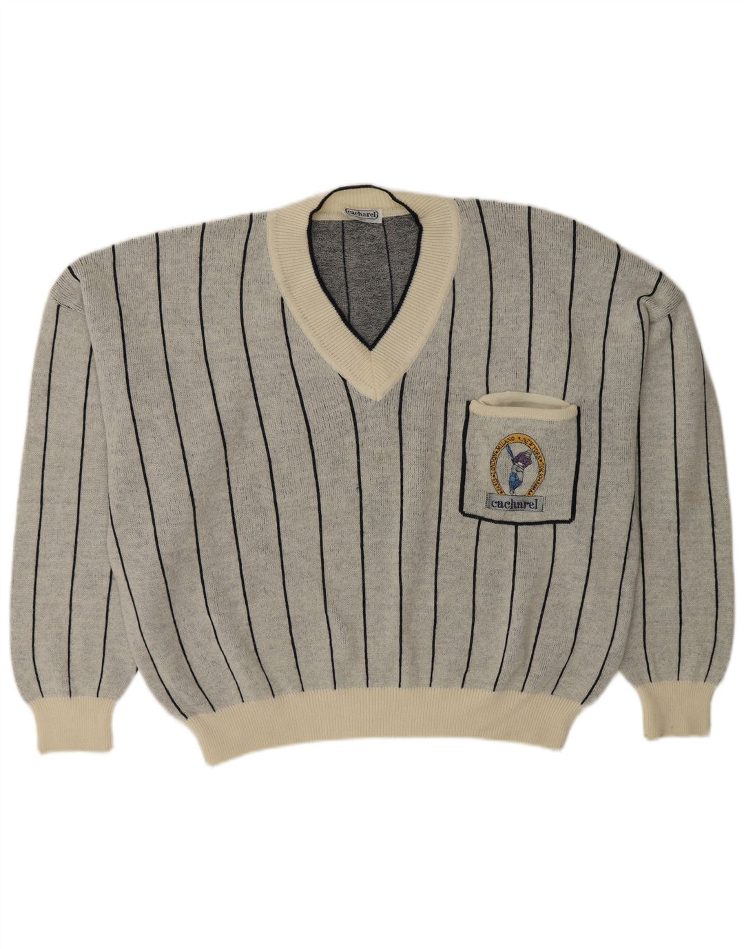 Cacharel Dame V-hals sweater UK 18 XL Gråstribet uld