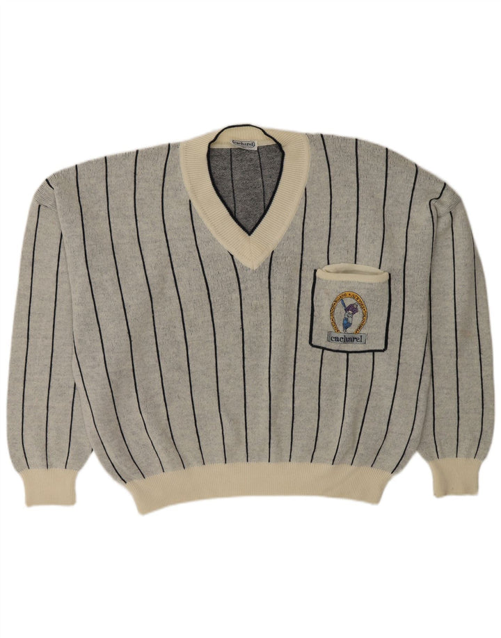Cacharel Dame V-hals sweater UK 18 XL Gråstribet uld
