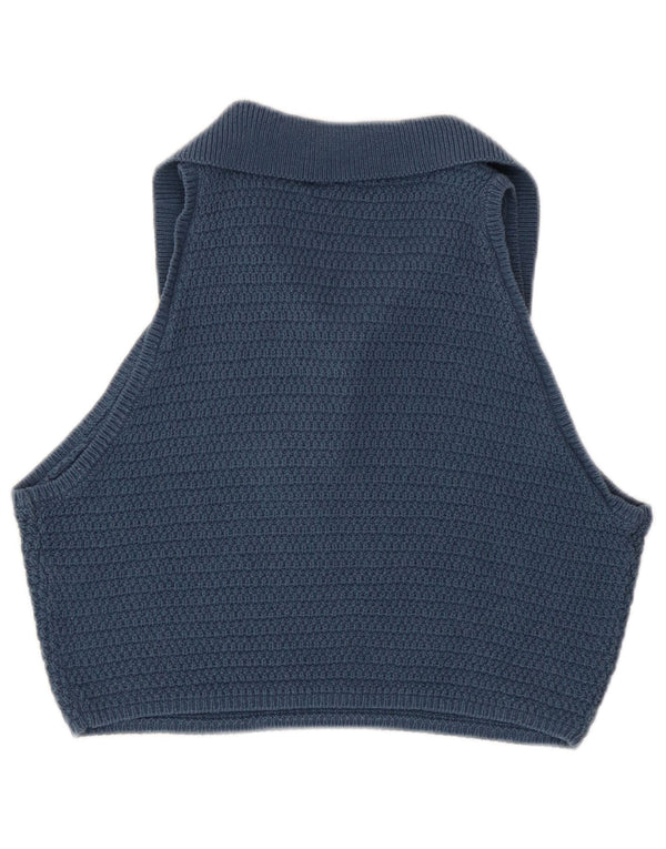 Zara Dame Ærmeløs Crop Vest Tank Top UK 14 Large Navy Blue Cotton