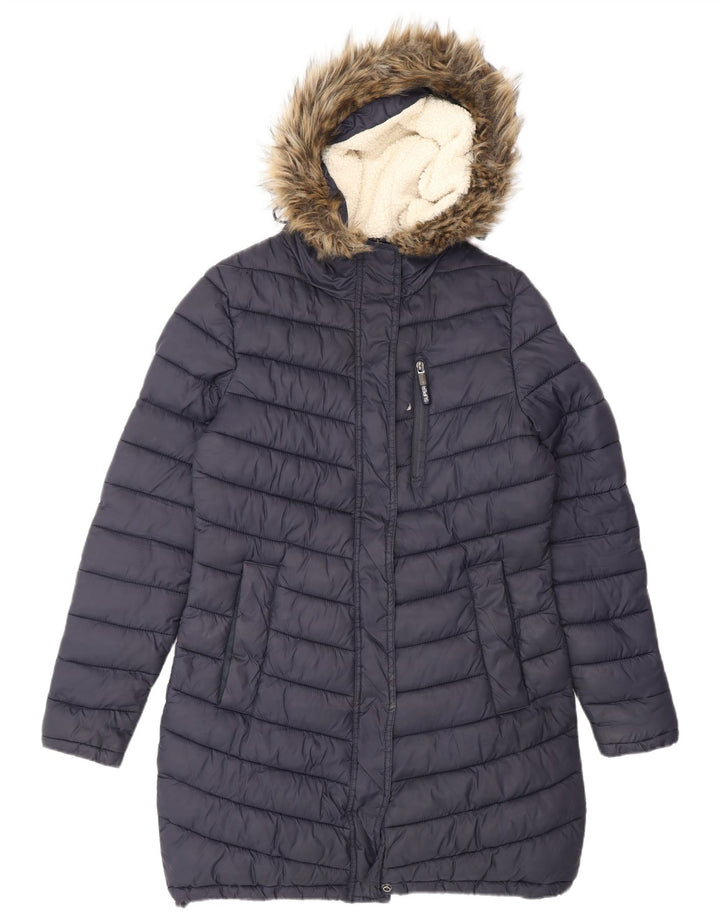 SUPERDRY Polstret frakke med hætte til kvinder UK 14 Medium marineblå nylon