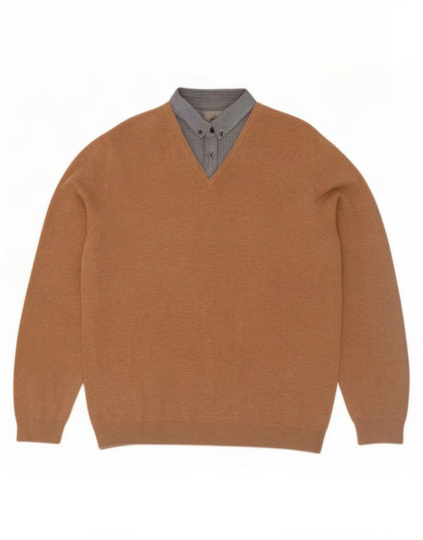 Marks & Spencer Mens Tailored Fit V-Neck Jumper Sweater XL Beige Cotton
