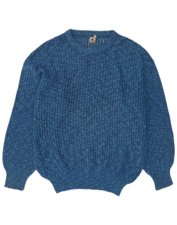 VINTAGE Herre sweater med rund hals, medium blå flækket bomuld