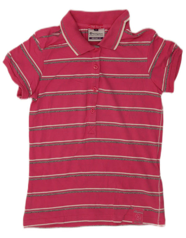 Champion Womens Heritage Fit Polo Shirt UK 14 Medium Pink Stribet Bomuld