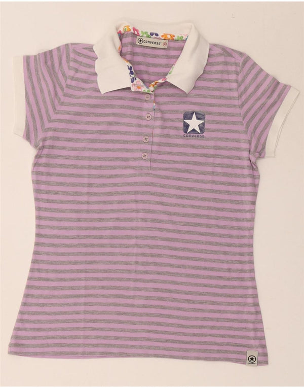 Converse Dame Polo Shirt UK 12 Medium Lilla Stribet Bomuld