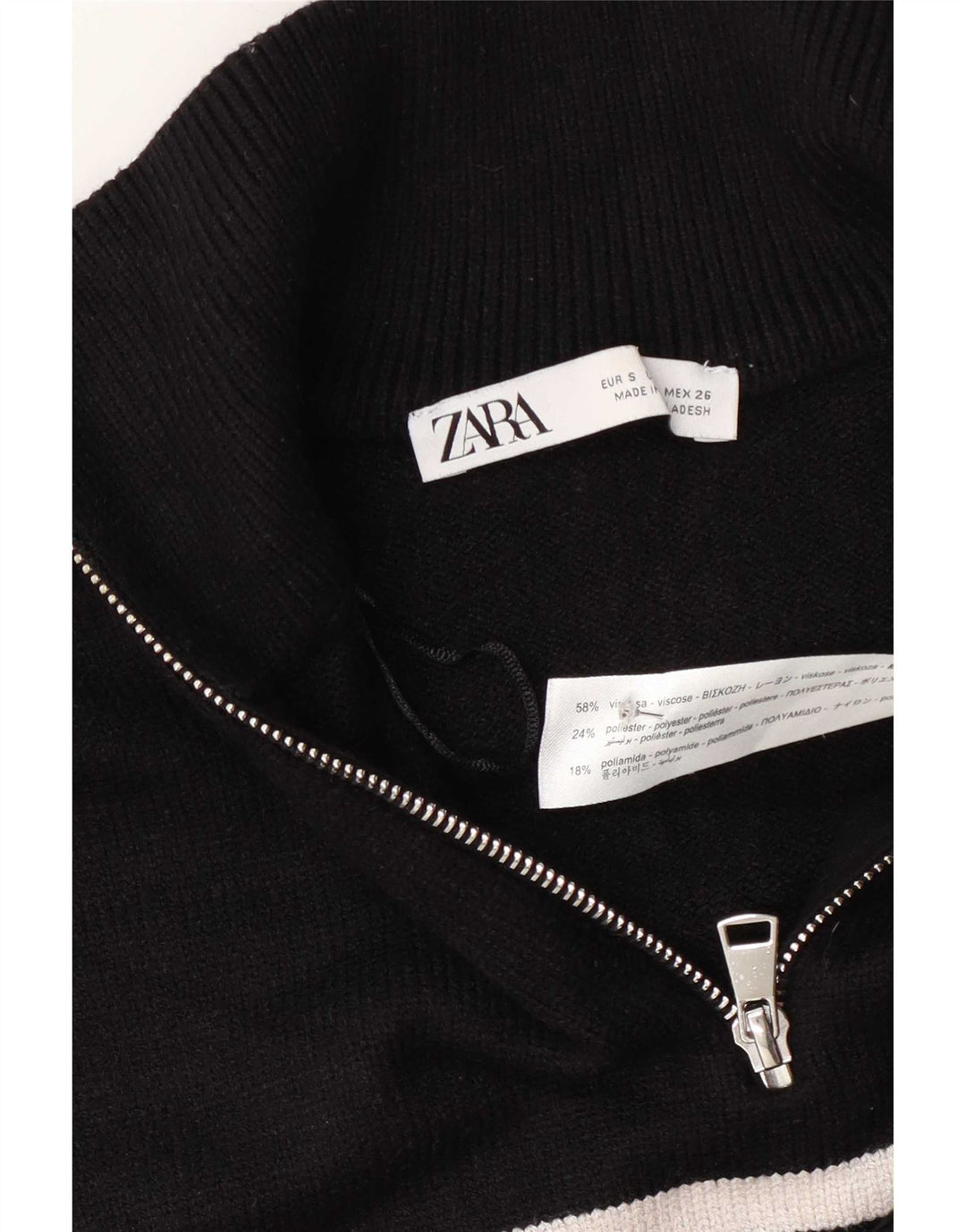 Zara Dame Oversized Zip Neck Jumper Sweater UK 10 Lille Sort Stribet