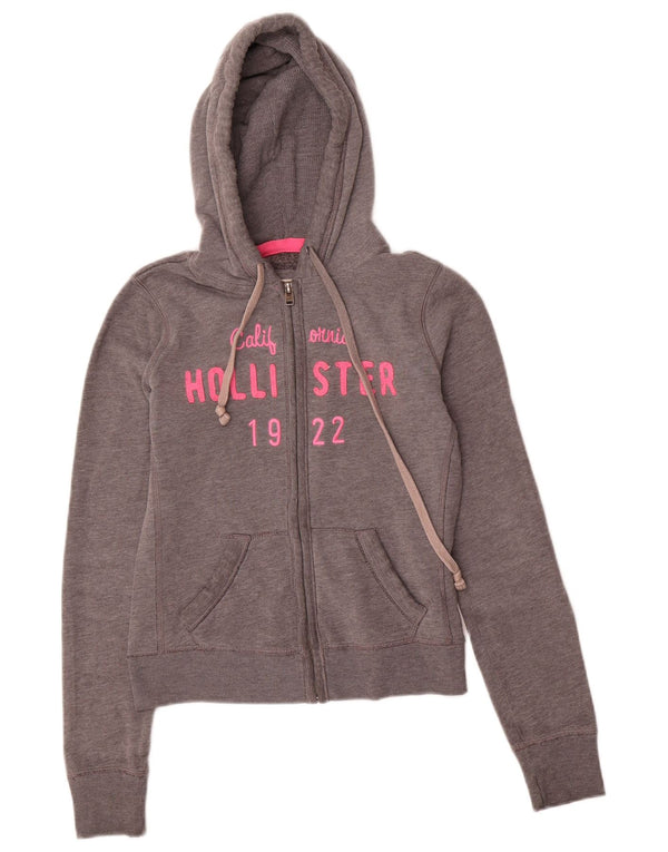 Hollister Dame Crop Graphic Zip Hoodie Sweater UK 6 XS Grå Bomuld