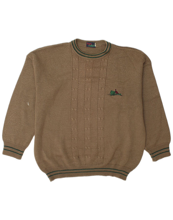 Vintage herre sweater med rund hals XL Khaki stribet