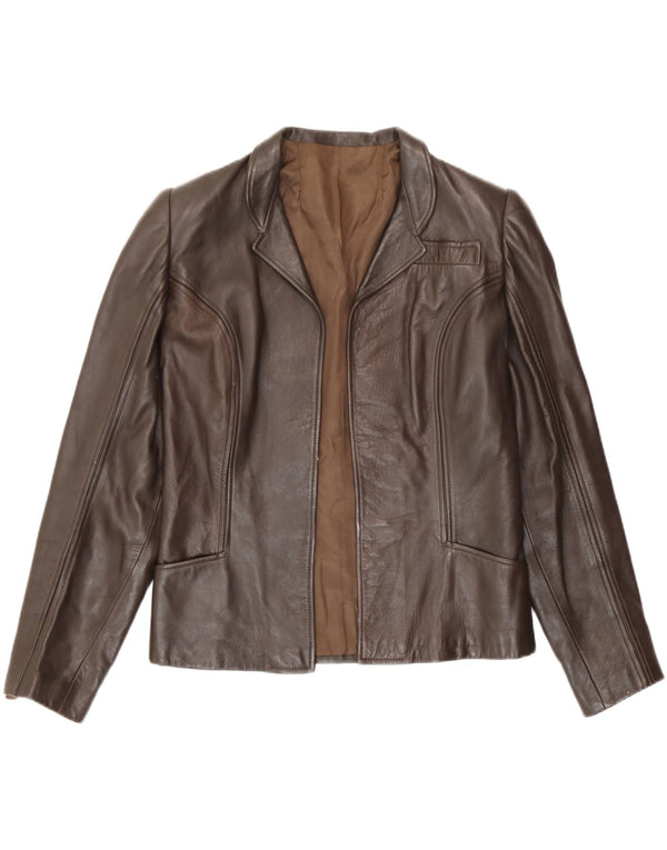 Vintage Dame Læder Åben Blazer Jacket UK 10 Lille Brun