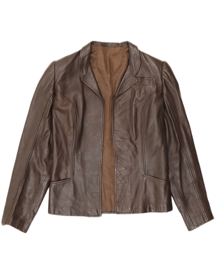 Vintage Dame Læder Åben Blazer Jacket UK 10 Lille Brun