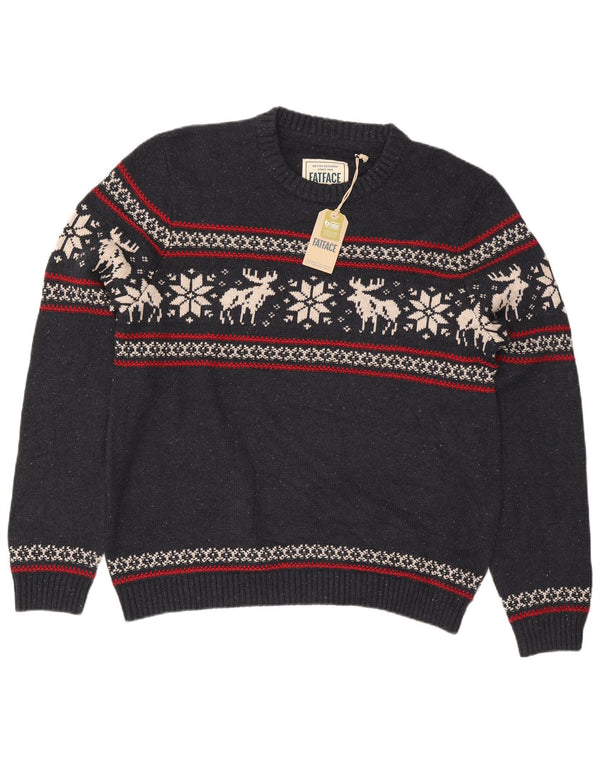 Fat Face Herre Regular Fit Crew Neck Jumper Sweater XL Navy Blue Fair Isle