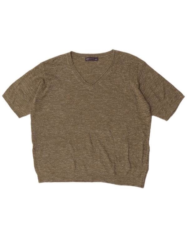 Marks & Spencer Womens V-Neck Jumper Sweater UK 16 Large Khaki Flecked