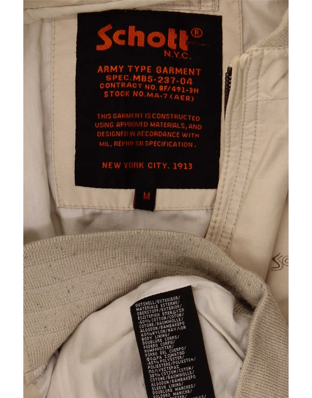 Schott Herre Military Bomber Jacket UK 38 Medium Beige Bomuld