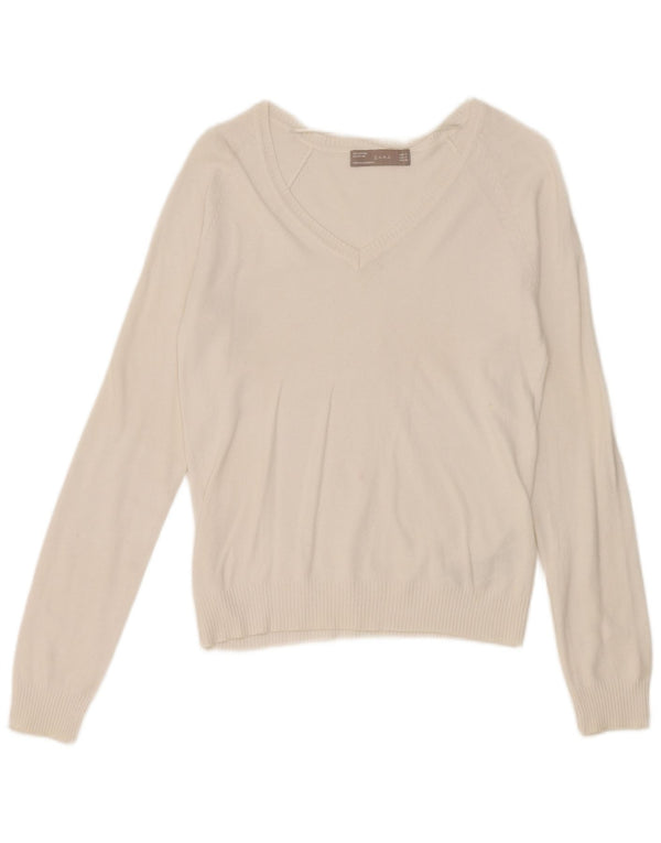 Zara Womens Crop V-hals sweater UK 12 Medium White Bomuld