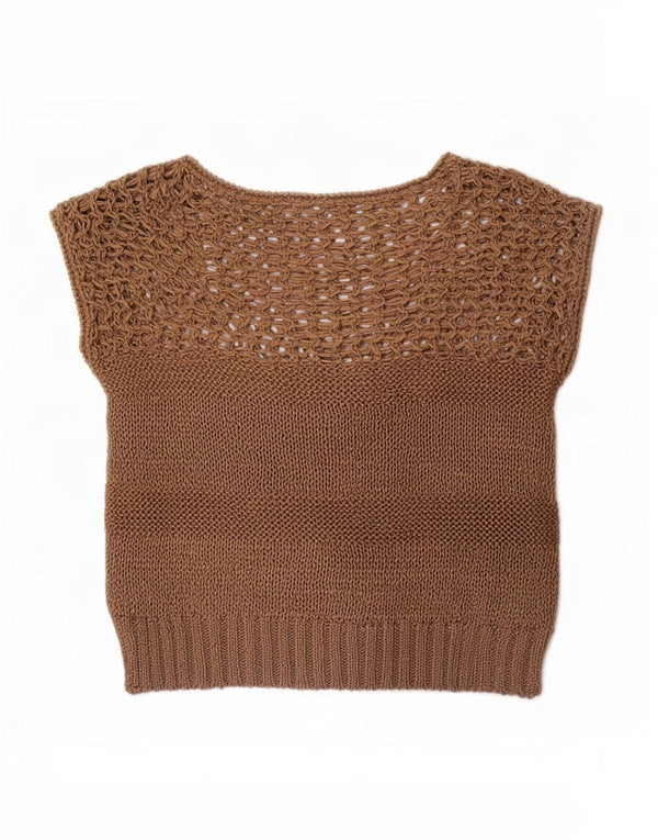 Vintage Dame Kortærmet Boat Neck Jumper Sweater UK 10 Small Brown