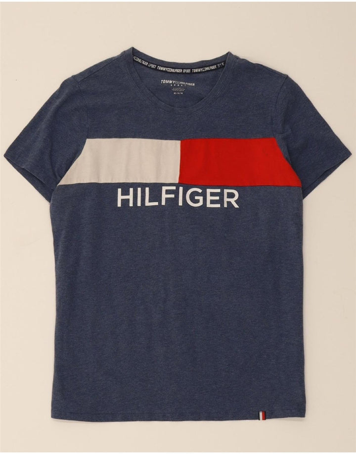 TOMMY HILFIGER Mens Graphic T-Shirt Top Medium Navy Blue Colourblock Vintage Tommy Hilfiger and Second-Hand Tommy Hilfiger from Messina Hembry 