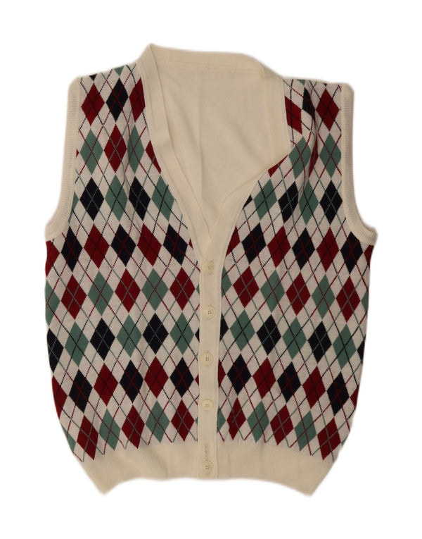 Vintage herre ærmeløs cardigan sweater Large White Argyle/Diamond