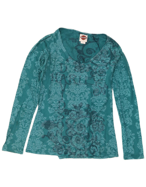 Harley Davidson Dame Top Langærmet UK 14 Large Blue Paisley Cotton