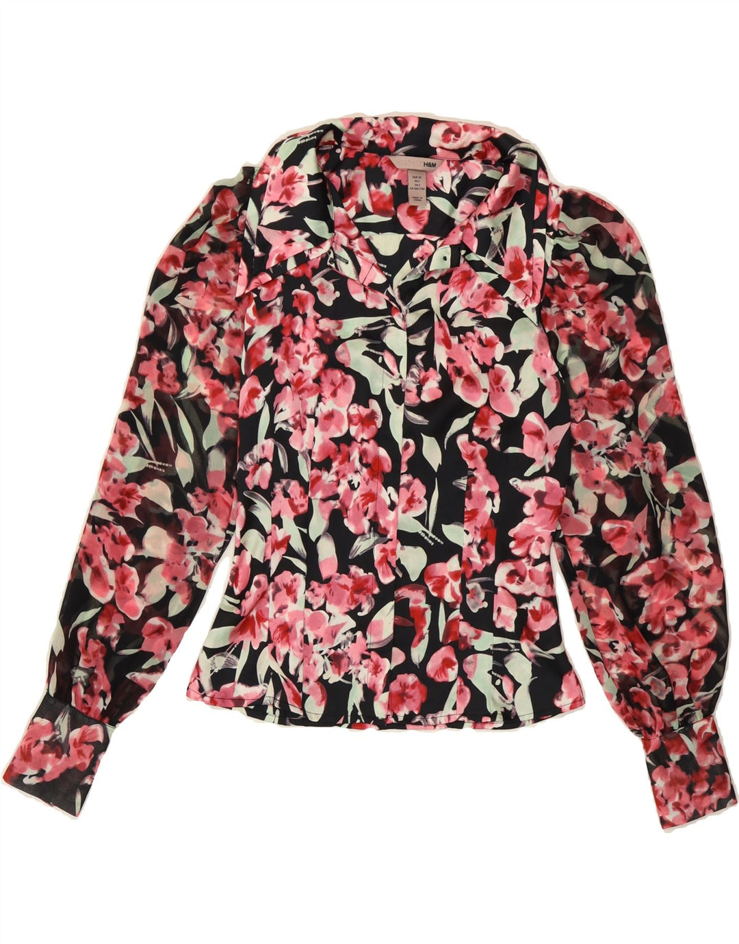 H&M Womens Long Sleeve Shirt Blouse EU 32 2XS Black Floral Polyester Vintage H&M and Second-Hand H&M from Messina Hembry 