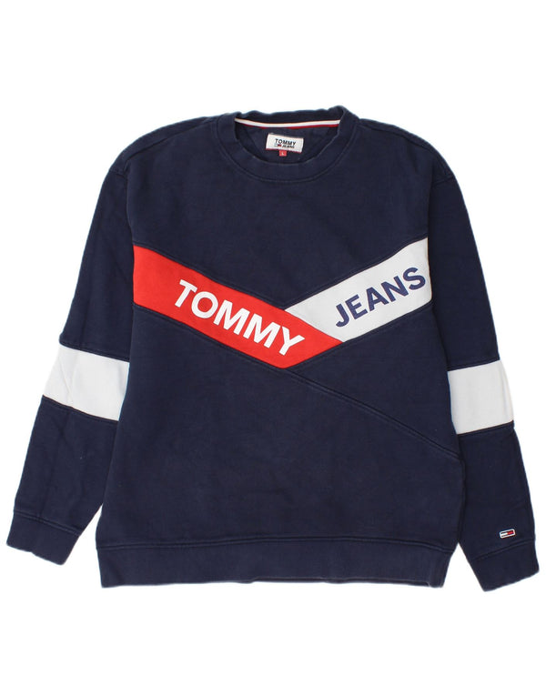 Tommy Hilfiger Herre grafisk sweatshirt Jumper Large Navy Blue Colourblock