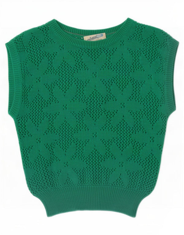 Vintage Kvinders Crop Hæklet Vest Tank Top UK 12 Medium Green Floral Acryl