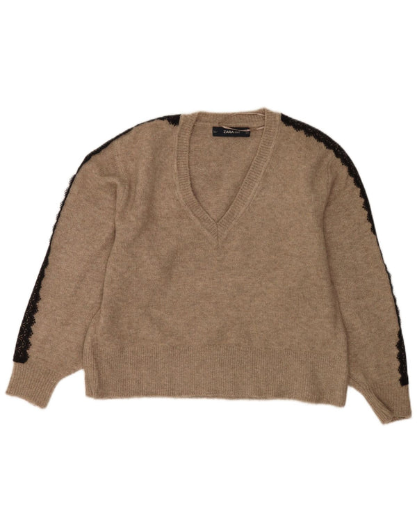 Zara Dame Oversized V-hals sweater UK 10 Small Beige Akryl