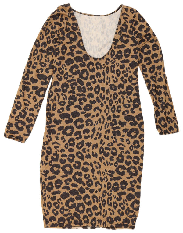 Lipsy Womens Long Sleeve Bodycon Dress UK 14 Large Brown Animal Print