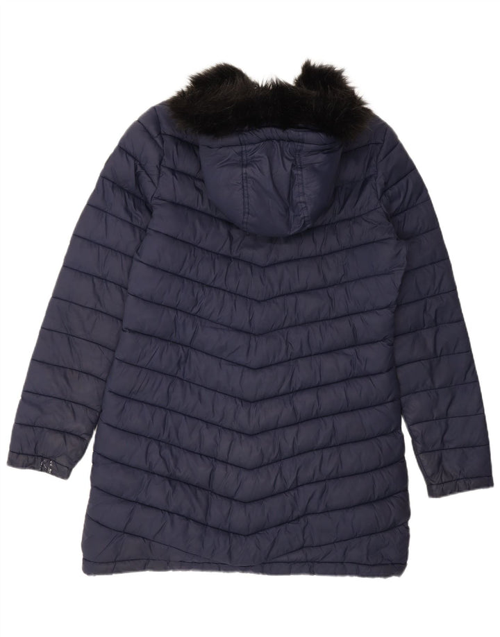 SUPERDRY Womens Hooded Padded Coat UK 14 Large Navy Blue Nylon
