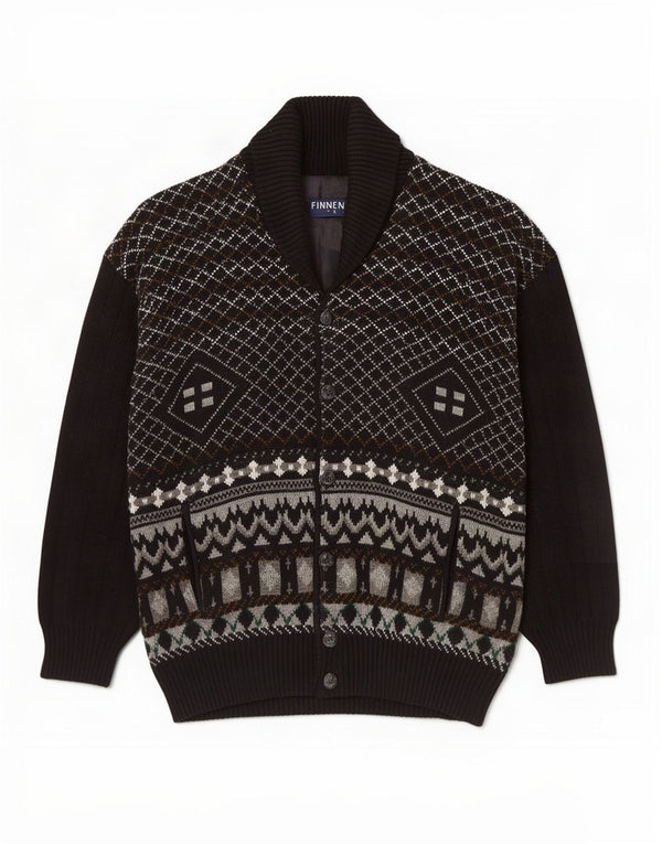 Finnegan Herre Cardigan Sweater Large Black Fair Isle Akryl