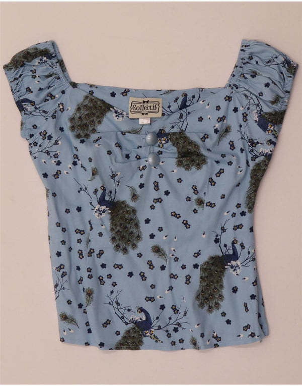 Collectif Womens Crop Bluse Top UK 14 Medium Blue Animal Print Bomuld
