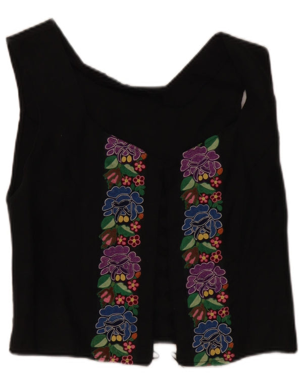 Vintage Dame Crop Ærmeløs Cardigan Top UK 8 Small Black Floral
