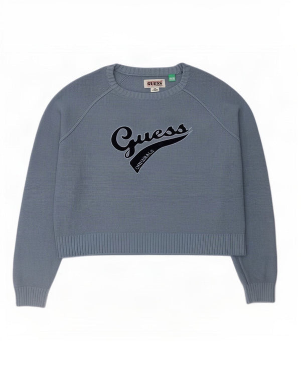 Guess Womens Oversized Crop Grafisk Boat Neck Jumper Sweater UK 6 XS Blue