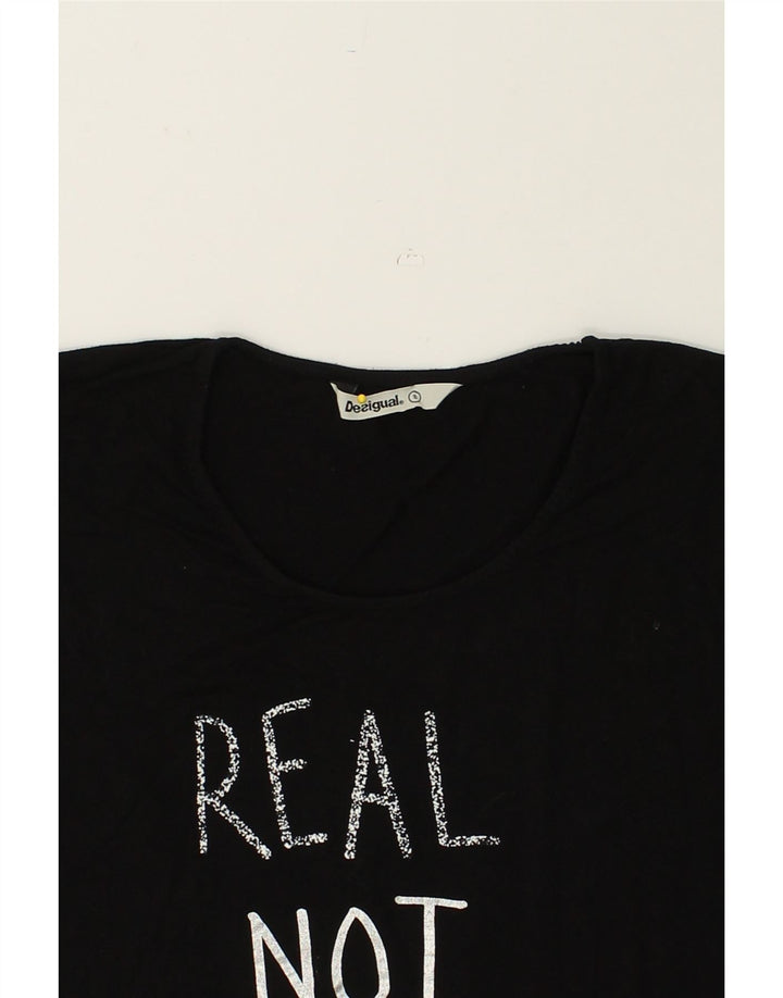 DESIGUAL Dame Grafisk T-Shirt Top UK 10 Lille Sort