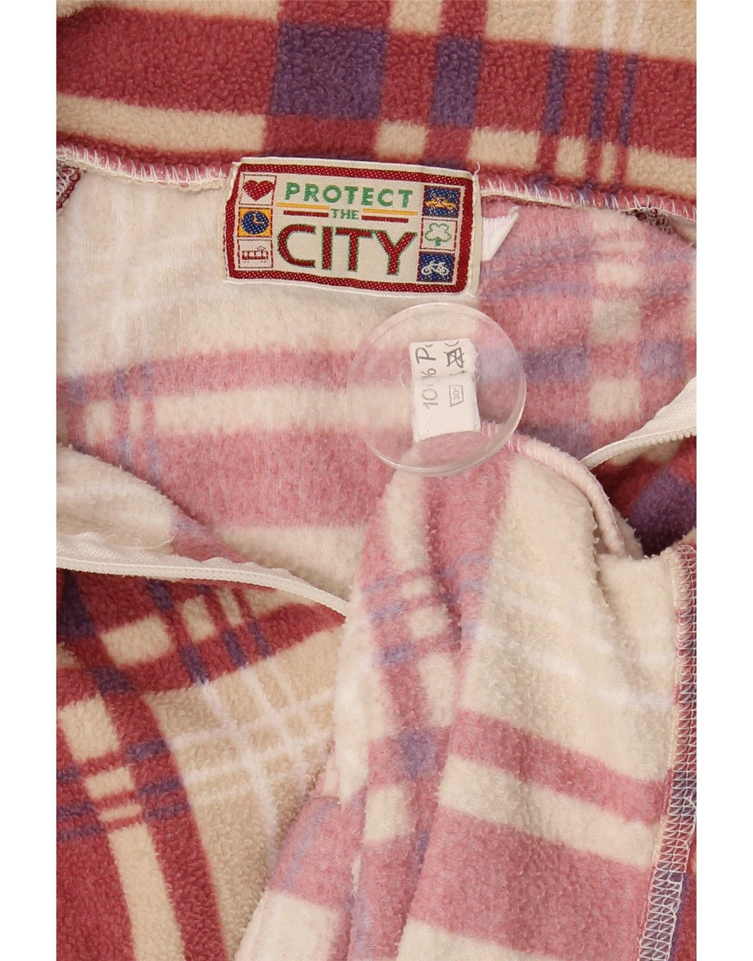 Vintage kvinders grafisk fleecejakke UK 18 XL Beige Plaid Polyester