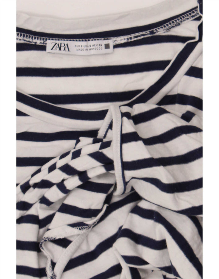 Zara Womens Crop Front Tie Bluse Top UK 10 Small Navy Blue Striped