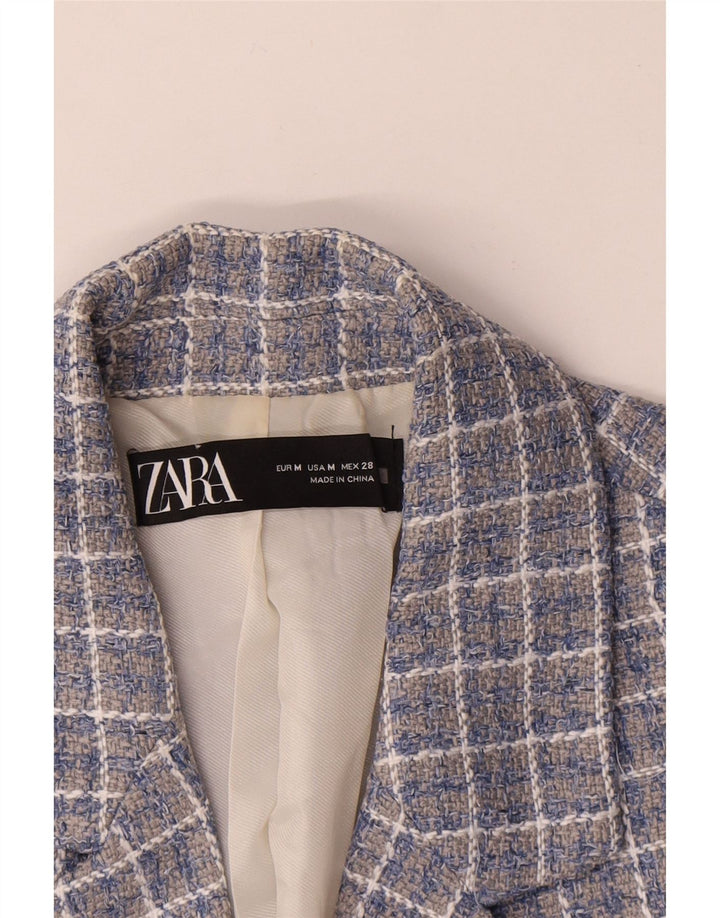 Zara Dame Crop Dobbeltradet Blazer Jacket UK 14 Medium Blue Check