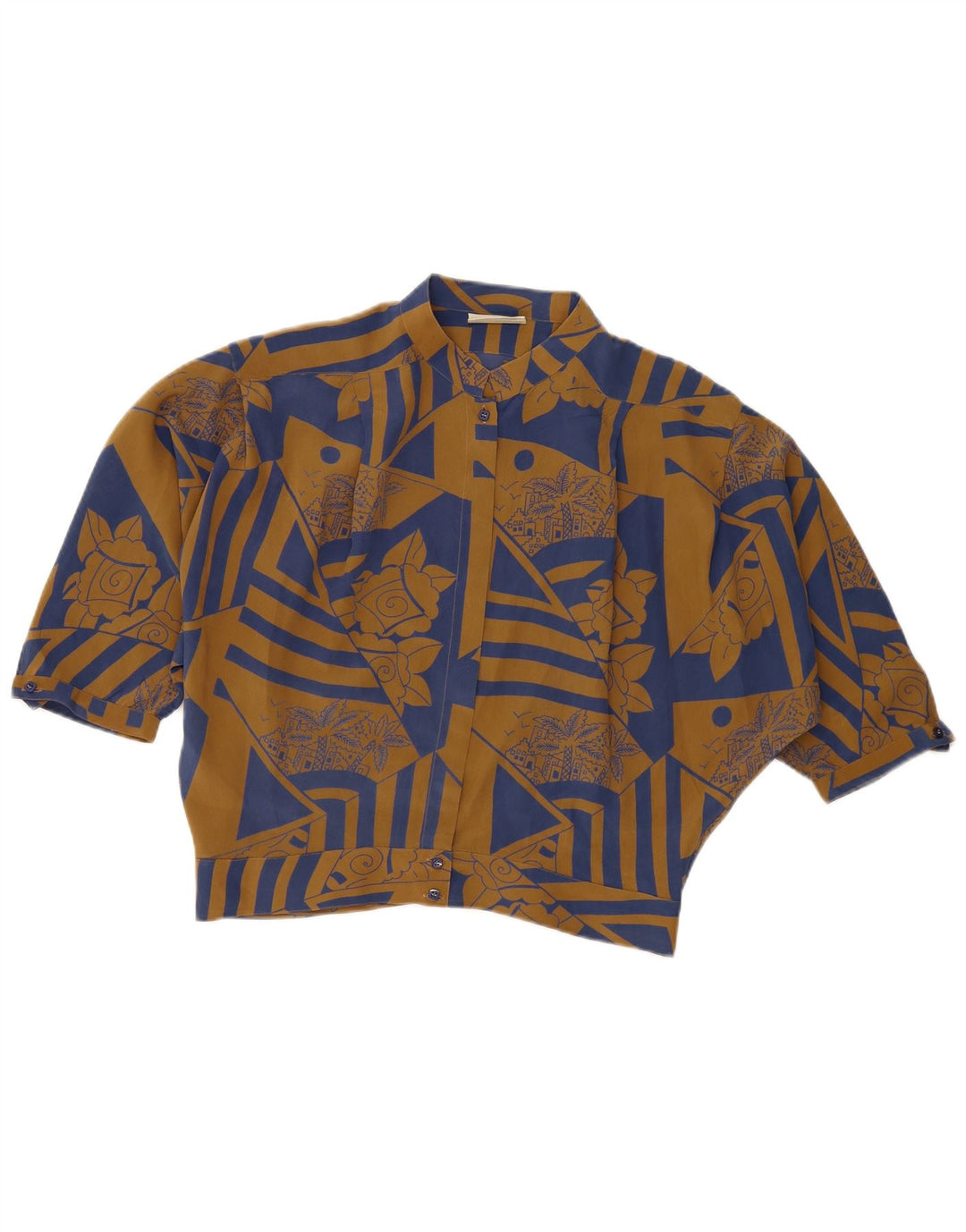 VINTAGE kortærmet skjortebluse til kvinder IT 46 Stor brun blomstret silke